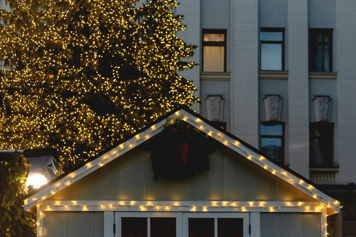 Side-by-side comparison: traditional string lights with gaps vs. LED net light evenly covering a bush